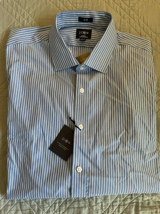 J. CREW Bowery performance stretch Jim stripe blue dress shirt Size L $98 CA351 - Picture 5 of 8